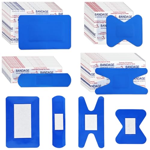120 Pcs Food Service Blue Metal Detectable Bandages 4 Shapes Waterproof Flexible Fingertip Bandaid Bulk Latex Free Bandage for First Aid Wound Care and Protection