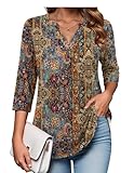 Zeagoo Boho Tops Spring Tops for Women 3/4 Sleeve Tops V Neck Dressy Casual Blouse Business Work Shirts L
