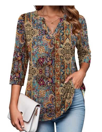 Zeagoo Boho Tops for Women Tunic 3/4 Sleeve Tops and Blouses Business Work V Neck Summer XL