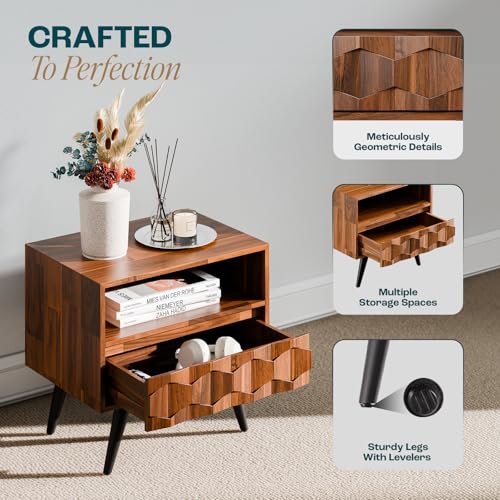 Image of Bme Georgina Solid Wood Nightstand with 1 Drawer & Open Shelf- Fully Assembled Mid Century Modern Side Table - Geometric Pattern Bedside Dresser for Bedroom and Living Room, Dark Chocolate