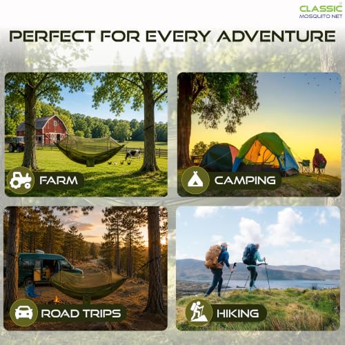 Image of Portable Camping Hammock by Classic Mosquito Net, Dark Green Nylon Hanging Swing with Carabiners for Hiking, Camping, Backpacking & Outdoor Travel