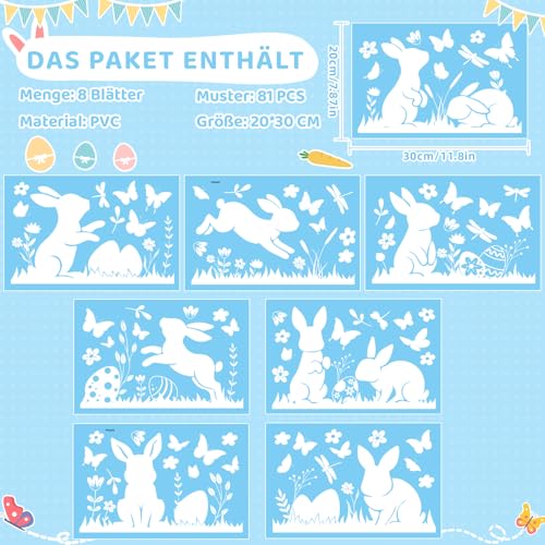 Inreeme Fensterbilder Ostern Selbstklebende Fensterdeko - 8 Bögen Fenstersticker für Ostern Deko mit Hasen und Ostereiern, Widerverwendbare Statische Fensteraufkleber für Frühlingsdeko Osterdeko