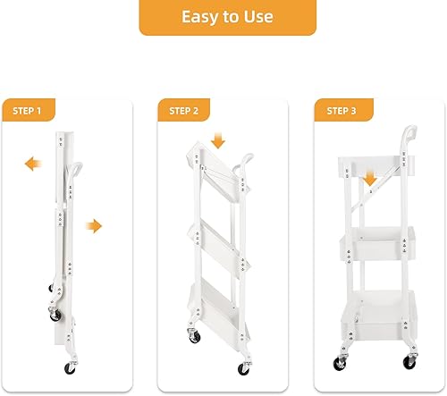 Miniatura 5 de Carrito plegable de 3 niveles con ruedas, carrito de almacenamiento plegable con 3 tazas colgantes y 6 ganchos para cocina, oficina, sala de estar,