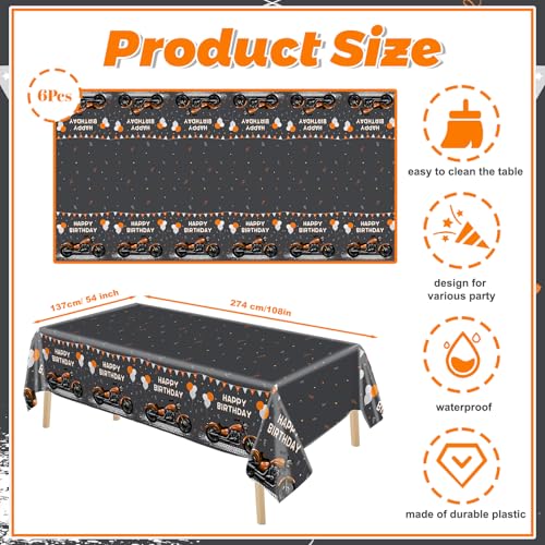 Image of MEHOFOND 6pcs Motorcycle Birthday Plastic Tablecloth, Black and Orange Motocross Racing Happy Birthday Disposable Table Cover, Extreme Sports Birthday Party Decorations, Rectangle 108 x 54 Inch