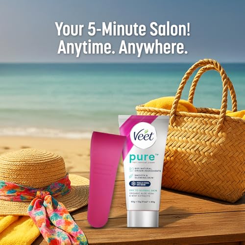Image of Veet Pure Hair Removal Cream for Dry Skin - 60 gm (Pack of 3)| Suitable for Legs, Underarms, Bikini Line, Arms | 5 Min Saloon Anytime Anywhere | Removes Hair Closer to Root | Long Lasting Smoothness