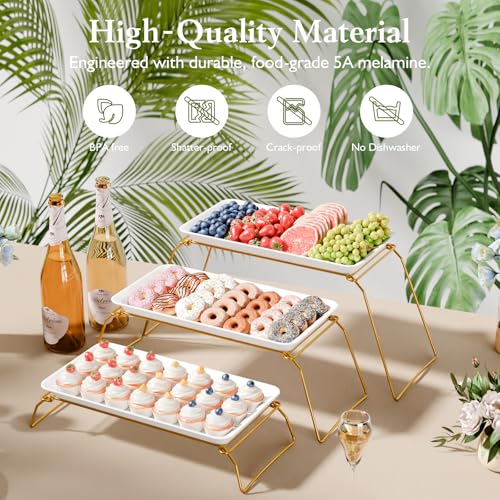 3-Tier Plastic Serving Tray Set for Party, 17 Platters with 3 Collapsible Metal Stand for Sevring Food, Dessert, Veggie, Fruit, Cookies, Premium-PBT Plastic, Microwave-Safe (Gold) - Image 5