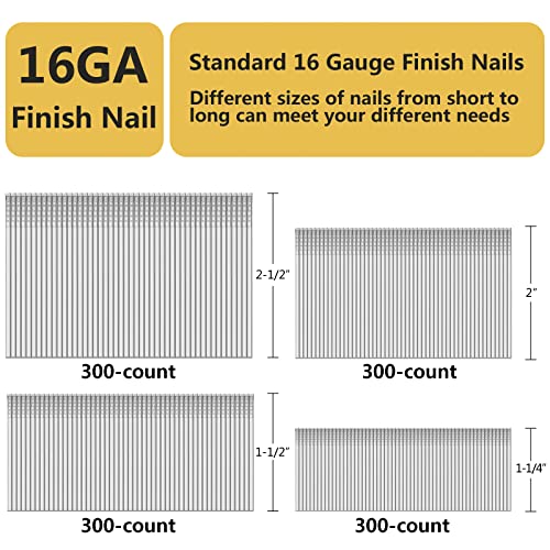 Simcos 16 Gauge Straight Finish Nails,1-1/4", 1-1/2", 2", 2-1/2", Assorted Size Project Pack For Pneumatic, Electric Finish Nailer Or Nail Gun (Galvanized Steel) #TOP2