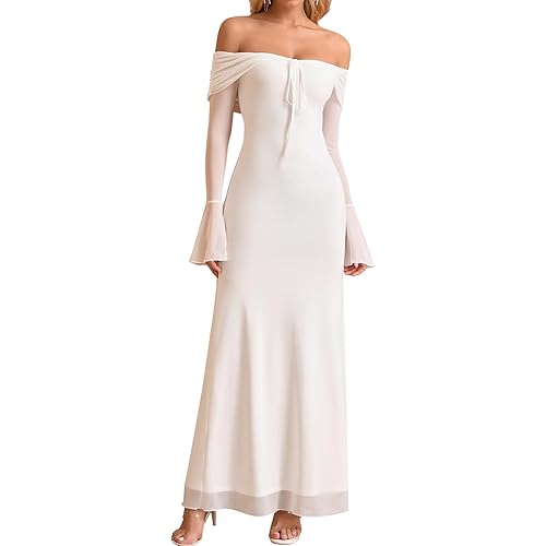 KUTUMAI Elegant Off Shoulder Long Sleeve Maxi Dress Bodycon Tie Formal Wedding Guest Dresses for Women 2025 Fall