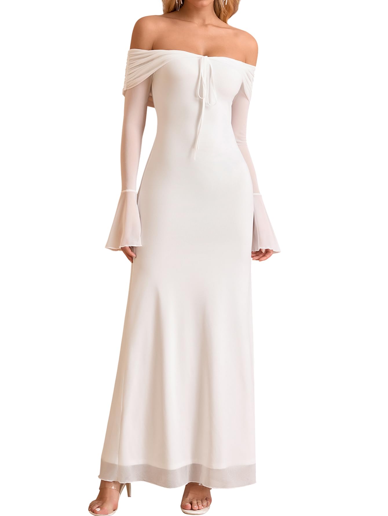 KUTUMAI Elegant Off Shoulder Long Sleeve Maxi Dress Bodycon Tie Formal Wedding Guest Dresses for Women 2025 Fall