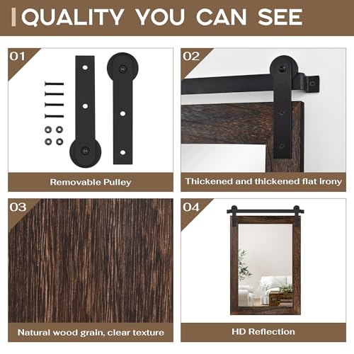 Image of COGOOD Farmhouse Barn Door Mirror - 22 inch x 30 inch Rustic Wood Framed Wall Mirror for Bathroom, Living Room, Entryway Wall Decor (Black Brown)
