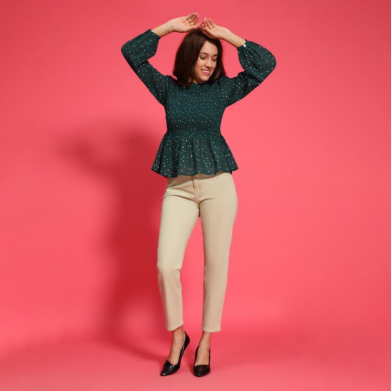 Image of oxolloxo Women Round Neck Long Sleeve Smocked Peplum Top