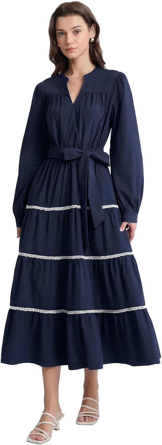 D-Sun Women's Wedding Guest Holiday Party Dresses Long Sleeve V Neck Flowy Elegant Tied Waist Maxi Dress with Pockets - Image 4