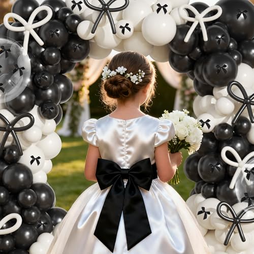 Image of Black and White Sand Balloons Arch Garland Kit,JOGAMS 199Pcs Black Bow Party Decorations with 260 Clear Black Ribbon for Bow Coquette Birthday Decorations Bachelor Baby Shower Bridal Shower