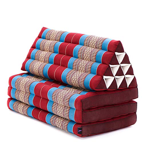 Image of Leewadee 3-Fold Mat XXL with Triangle Cushion - Firm TV Pillow, Foldable Mattress with Cushion Made of Kapok, 67 x 31 inches, Blue Red