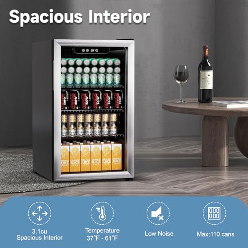 Image of Erivess 3.1 Cubic Feet Mini Fridge,110 Can Freestanding Beverage Refrigerator with Glass Front Door for Soda, Beer Under Counter Small Refrigerator with Adjustable Shelves and Digital Display(Silver)