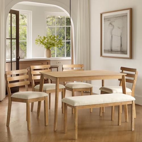 Image of 4-Piece Farmhouse Dining Set, Wooden Dining Table with 2 Chairs, Bench Seat