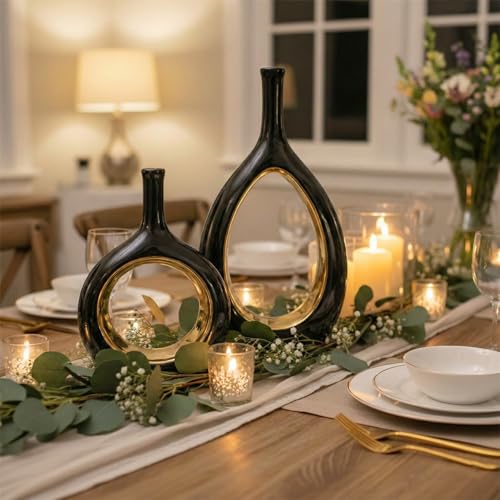 Vase en céramique noir et or, lot de 2 pièces design haute qualité pour centre de table chic - 4