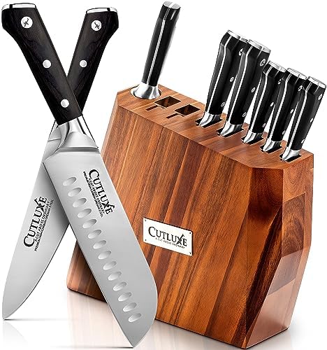 CUTLUXE 8pcs Knife Block Set – Razor Sharp Knives with Full Tang Design – Forged of High Carbon German Steel – Natural Acacia Wood Block – Artisan Series CUTLUXE 8pcs Knife Block Set – Razor Sharp Knives with Full Tang Design – Forged of High Carbon German Steel – Natural Acacia Wood Block – Artisan Series