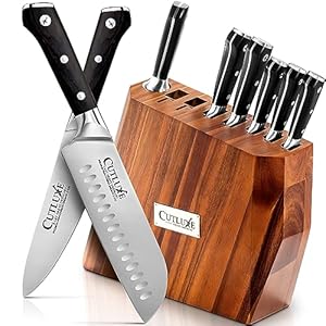 CUTLUXE Chef Knife Set – 8Pcs Professional Kitchen Knife Set with Block – Razor Sharp Knives with Full Tang Design, High Carbon German Steel, Natural Acacia Wood Block – Artisan Series