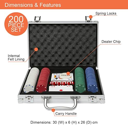 Global Gizmos 50520 200 Piece Poker Set / 4g Chips / Contains Chips, Dice & Cards / Portable Casino Style Carry Case / Texas HoldEm, Blackjack and More
