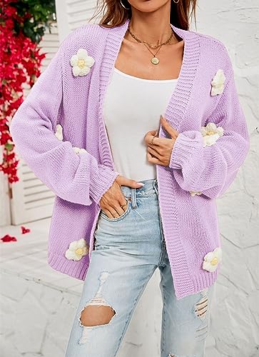 Womens Y2K Cute Cardigan Sweaters Open Front Cropped Flower Knit Jacket Vintage Preppy Aesthetic 90s Clothes Kawaii Sweater (Purple,L) — view 2