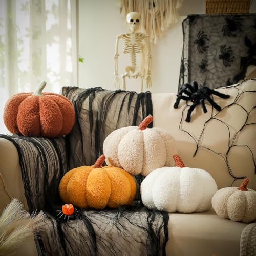YRXRUS Pumpkin Pillows, Halloween Pumpkin Throw Pillows, Off White Shaped Pillow for Fall Room Decor Gifts, Teddy Fleece Cute 6x12 Inches Halloween Pillow, Accent Fall Pillows