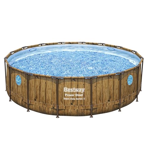 Bestway Power Steel Swim Vista Series - Runder Solo Pool Ø 488 x 122 cm 19.480 Liter Holz-Optik (Pinie) TriTech-Material Korrosionsschutz 4 Bullaugen ohne Zubehör