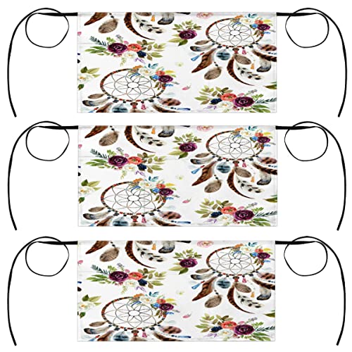bisibuy Tribal Floral 3 Pack Server Aprons with 3 Pockets, Boho Dreamcatcher Waitress Waiter Wasit Apron for Women Men Restaurant Bistro Cafe Bars Half Aprons Waitress Server Accessories