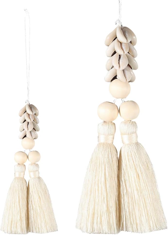 Beebeecraft 2Pcs Bohemia Tassel Bag Charms Cotton Wood Farmhouse Beads with Tassel Shell Bag Accessories Ornaments Hanging Decoration for Home Door Knob Christmas