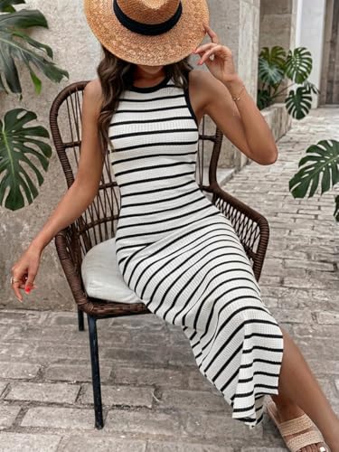 Chicrise Damen Kleider Gestreiftes Sexy Strandkleid Rundhals Enge Ärmelloses Leichter Sommerkleid Long Casual SchwarzWeiß Mittel 38-40 M – Ansicht 4