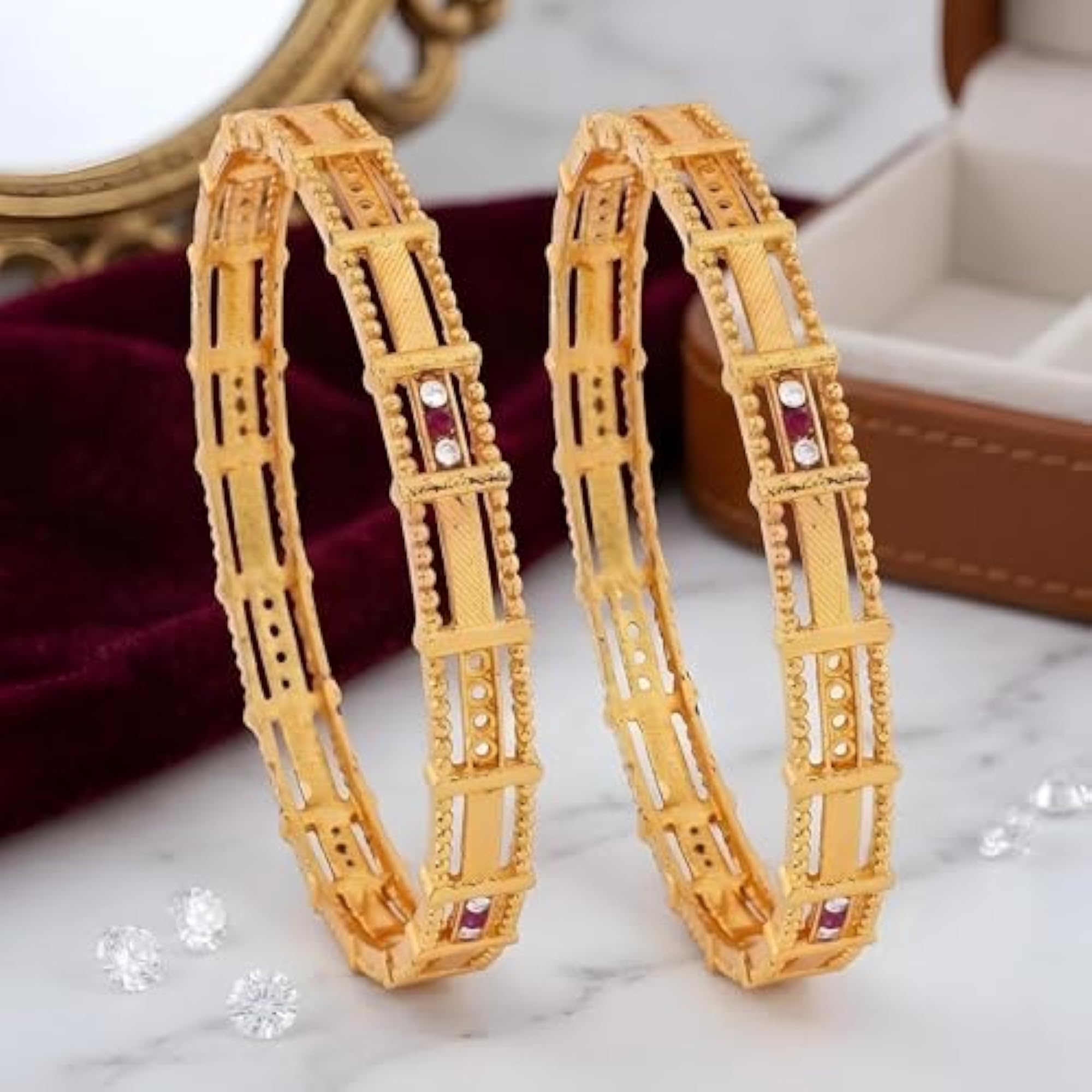 Traditional Indian Plated Bangles with Ruby and Stone Accents, Set of 2