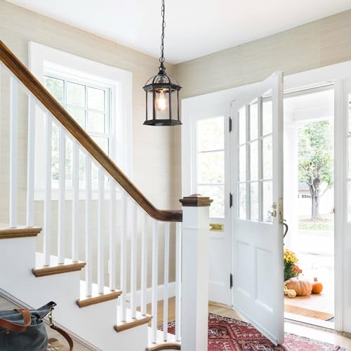 Outdoor Pendant Light Fixtures for Porch Front Door Patio Foyer Entryway Kitchen Island, Waterproof Farmhouse Exterior Hanging Lights with Adjustable Chain Anti-Rust Ceiling Mount Lantern(1 Pack)
