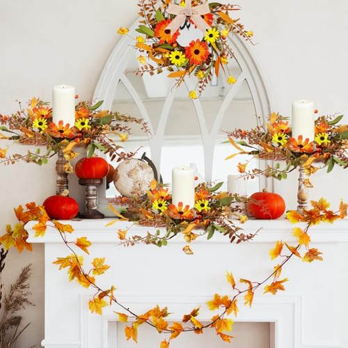 Image of 4 Pcs 3 Inch Fall Daisy Candle Rings Thanksgiving Table Centerpieces Mini Artificial Candle Rings Autumn Daisy Wreaths Cabinets Farmhouse Autumn Wreath for Indoor Front Door Wall Window Decorations