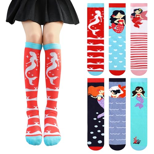 PHOGARY 6 Pairs Girls Knee High Socks, Cute Socks Colorful Cartoon Animal Warm Cotton Socks Crazy Funny Kids Odd Socks Mid Calf Long Boot Socks for 3-12 Years Girls, One Size (Mermaid)