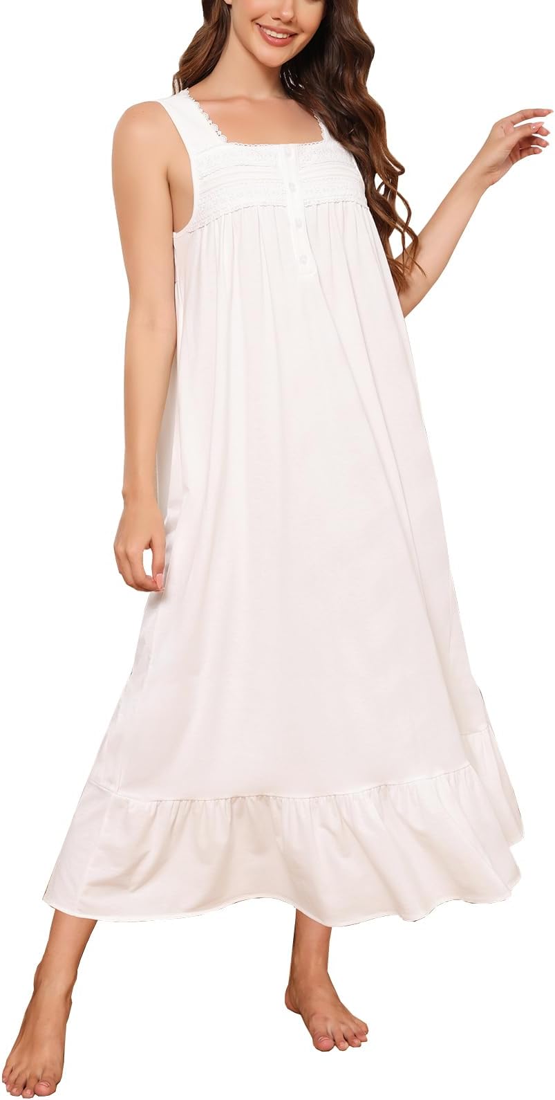 Rubehoow Nightgown Women's Long Cotton Sleep Dress Vintage Floral Sleeveless Nightshirt with Pockets and Button