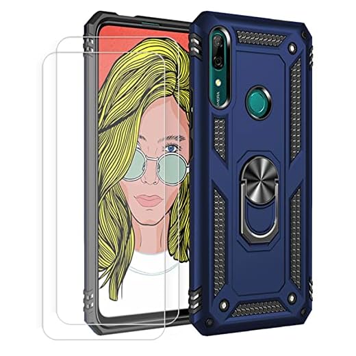 JOYTAG Hülle für Huawei P Smart Z Hülle，handyHülle+ Gehärtetes Glas Schutzfolie [2 Stück] Silikon TPU 360 Grad Drehring aus Halter magnetisch Autotelefon case-Blau