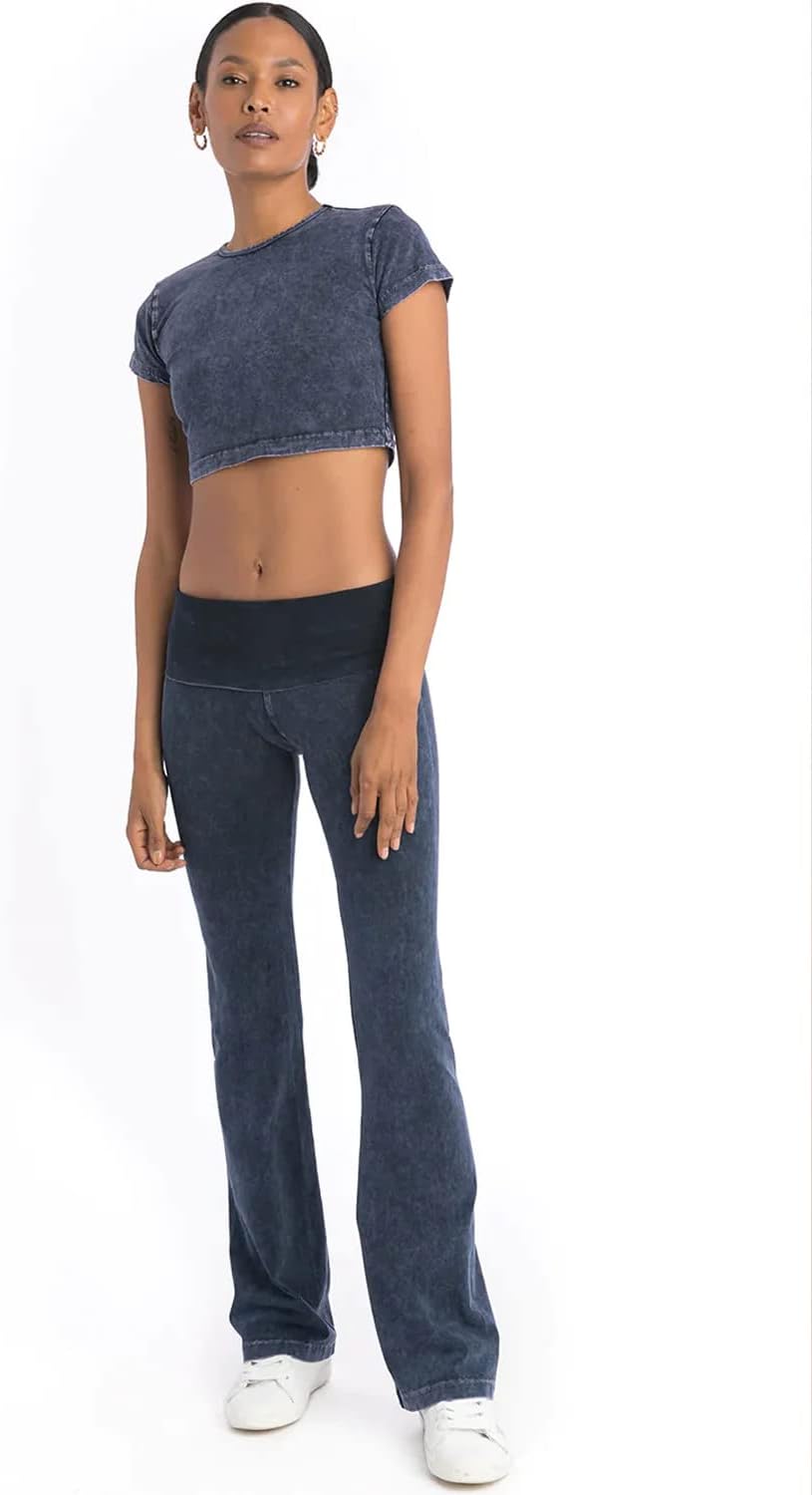 Hard Tail Women's Roll Down Bootleg Flare Pants – Organic Cotton Yoga Leggings with Adjustable Foldover Waist, Mineral Wash (Mineral Navy, X-Small) - Image 2