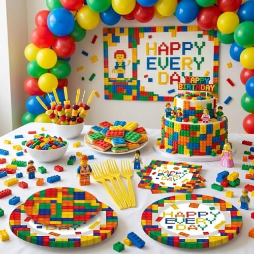 96Pcs Building Block Party Supplies, Building Bricks Birthday Party Decorations Tableware Includes Disposable Plates and Napkins, Forks for Baby Shower Birthday Party, Serves 24 — view 2