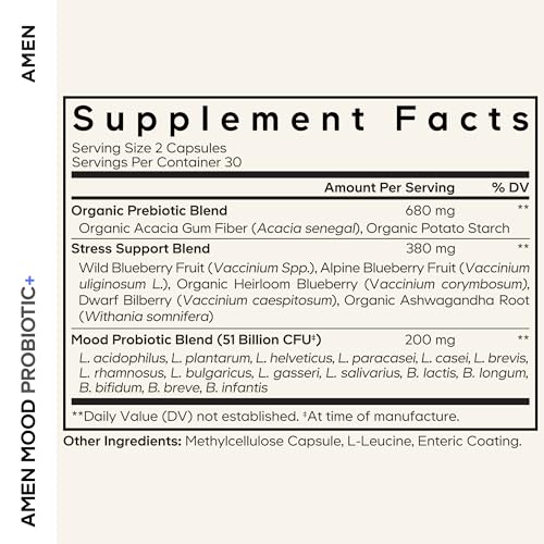 Amen Mood Probiotic Supplement 51 Billion CFU - Organic Prebiotics and Probiotics - Acidophilus Probiotic Pills, Fibers - Mood Organic Ashwagandha, Blueberries - Vegan & Non-GMO - 60 Capsules - Image 3