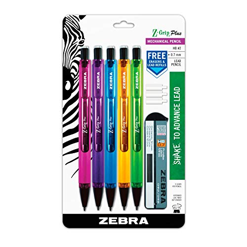 Zebra Pen Z-Grip Plus Mechanical Pencil, 0.7mm, Lead and Erasers, Assorted Barrel Colors, 5 Pack (55505)