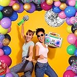 Amandir 80s 90s Theme Party Decorations, 90Pcs Balloon Garland Kit 6PCS Disco Ball Radio Boom Box Retro Mobile Phone Guitar Microphone Foil Balloons for Back to 80s 90s Hip Hop Birthday Supplies - Image 4