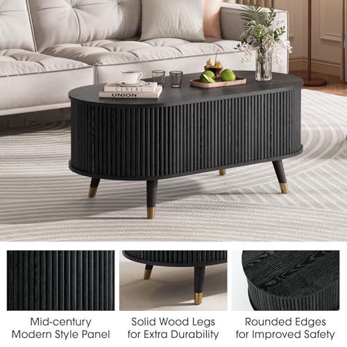 Image of JOINICE Oval Lift Top Coffee Table with Storage for Living Room,43 inch,Black | Large Hidden Storage,Modern Fluted Panel,Pop Up Center Table with Wooden Legs,Lifts to 22.4 inch,Holds 88lbs,Easy Assembly