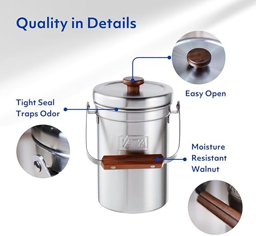 Miniatura 5 de Vatya Contenedor de compostaje de cocina de acero inoxidable, sin filtro, cubo de compostaje, contenedor pequeño de basura de alimentos para