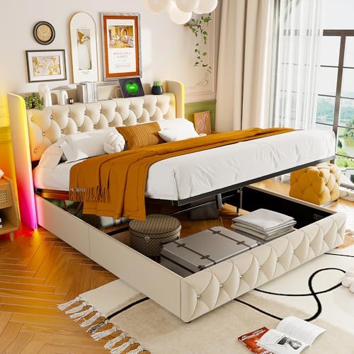 Lit Coffre 160x200 avec LED et USB 160x200 Lit Double avec Rangem...