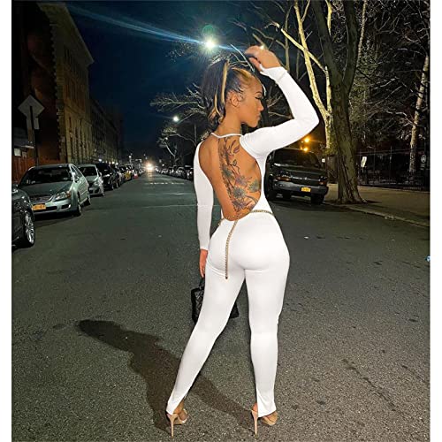 Bodycon Jumpsuits For Women Sexy Backless Rompers Long Sleeve Scoop Neck Stacked Split High Wasited One Piece Outfits Pants Catsuits White M #TOP3