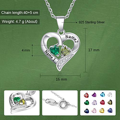 Sterling Silver Personalized 2 Names Necklace with 2 Heart Simulated Birthstone Couple Pendant Necklace for Women3