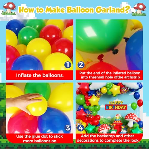 Image of Red Blue Green Yellow Balloon Arch Garland Kit 172pcs with Cloud Mushroom Star Balloons, Video Game Balloon Arch Kit for Gamer Birthday Cartoon Video Game Bros Party Decorations