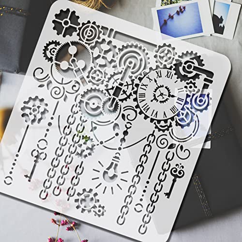FINGERINSPIRE Gear Stencils 30x30cm Clock Painting Stencil Plastic Clock & Key & Gear Patterns Stencil Steampunk Stencils Reusable DIY Art and Craft Template for Painting on Wood Fabric Walls - Image 3
