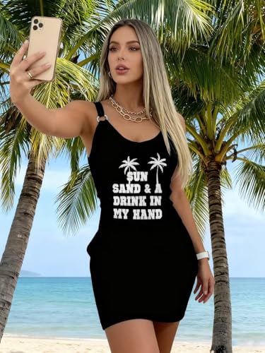 Image of Live Simple Coconut Tree Color Block Mini Dress for Women Summer Beach Vacation Tank Dresses Sleeveless Short Dress