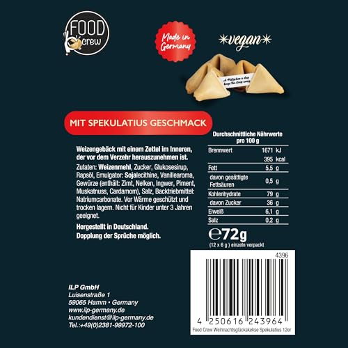 FOOD Crew 12x Weihnachtsglückskekse mit Spekulatius Geschmack - Glückskekse Weihnachten - Süßigkeiten Weihnachten - Gebäck Einzeln Verpackt mit deutschen Sprüchen - Vegan - Made in Germany